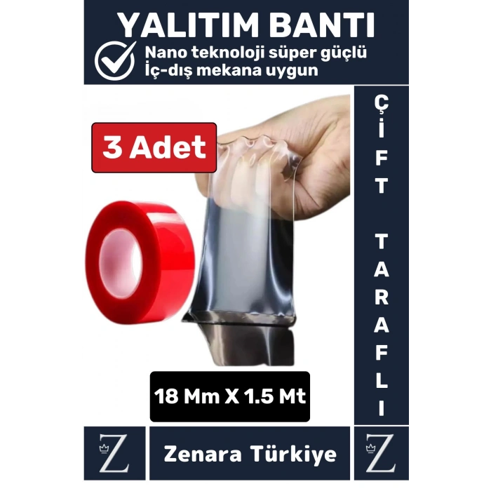 Premium Nano Teknoloji Güçlü Tamir Cam İç Dış Mekan Montaj Çift Taraflı Şeffaf Bant 1.5 Mt X 3 Adet