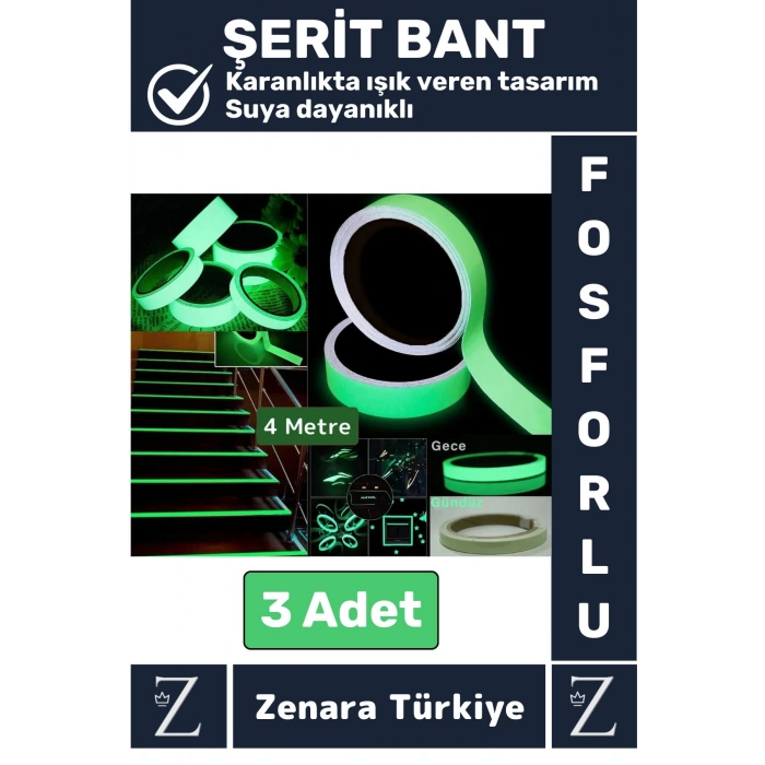 Premium Karanlıkta Işık Veren Suya Dayanıklı Ev Bahçe Merdiven Fosforlu Şerit Bant 4 Metre X 3 Adet