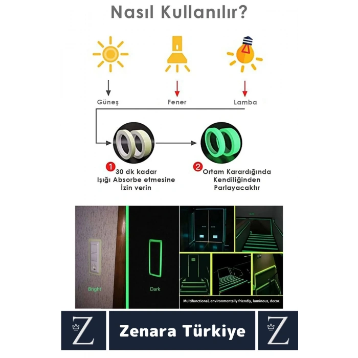 Premium Karanlıkta Işık Veren Suya Dayanıklı Ev Bahçe Merdiven Fosforlu Şerit Bant 4 Metre X 5 Adet