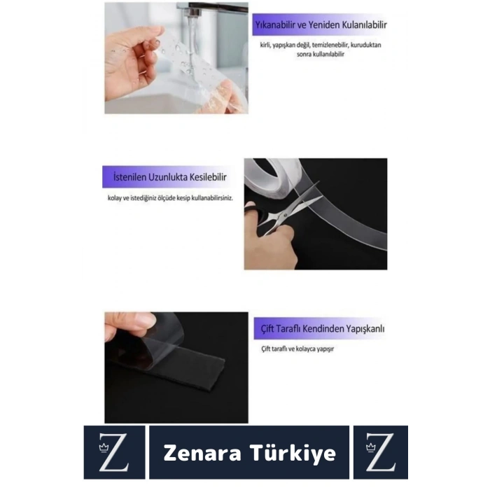 Premium Güçlü Yüksek Mukavemetli 60 Kg Kapasite Nano Çift Taraflı Doku Şeffaf Bant 3 Metre X 5 Adet