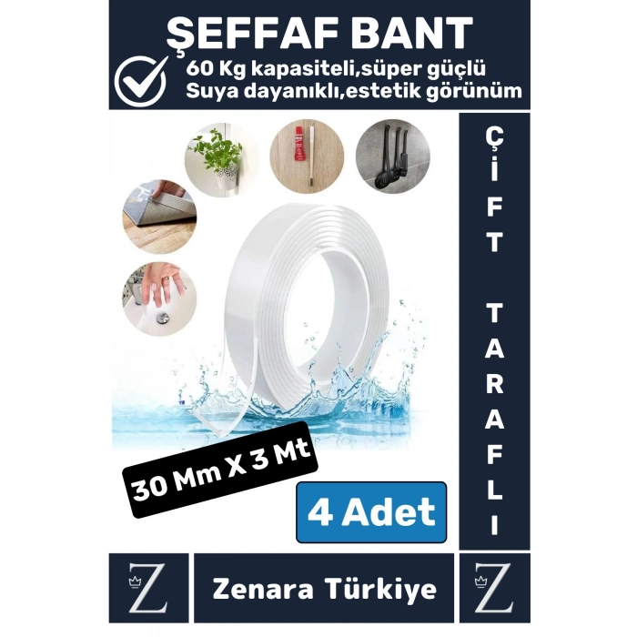 Premium Güçlü Yüksek Mukavemetli 60 Kg Kapasite Nano Çift Taraflı Doku Şeffaf Bant 3 Metre X 4 Adet