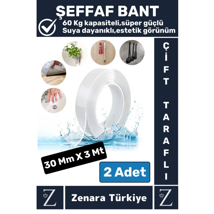 Premium Güçlü Yüksek Mukavemetli 60 Kg Kapasite Nano Çift Taraflı Doku Şeffaf Bant 3 Metre X 2 Adet
