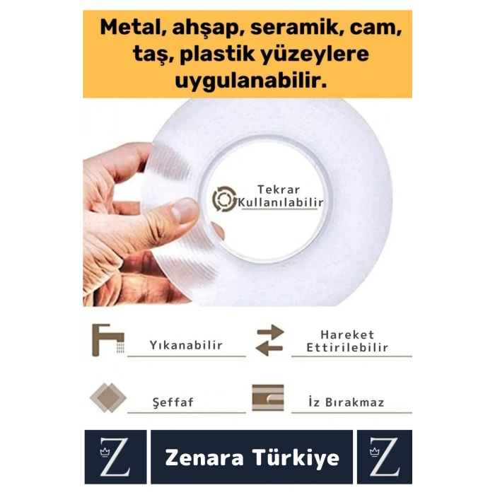 Premium Ultra Güçlü Yüksek Mukavemetli 60 Kg Kapasiteli Nano Çift Taraflı Doku Şeffaf Bant 3 Metre