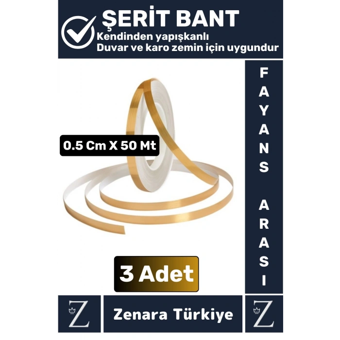 Premium Kendinden Yapışkanlı Su Geçirmez Fayans Arası GOLD Şerit Derz Bant 0.5 Cm X 50 Metre 3 Adet