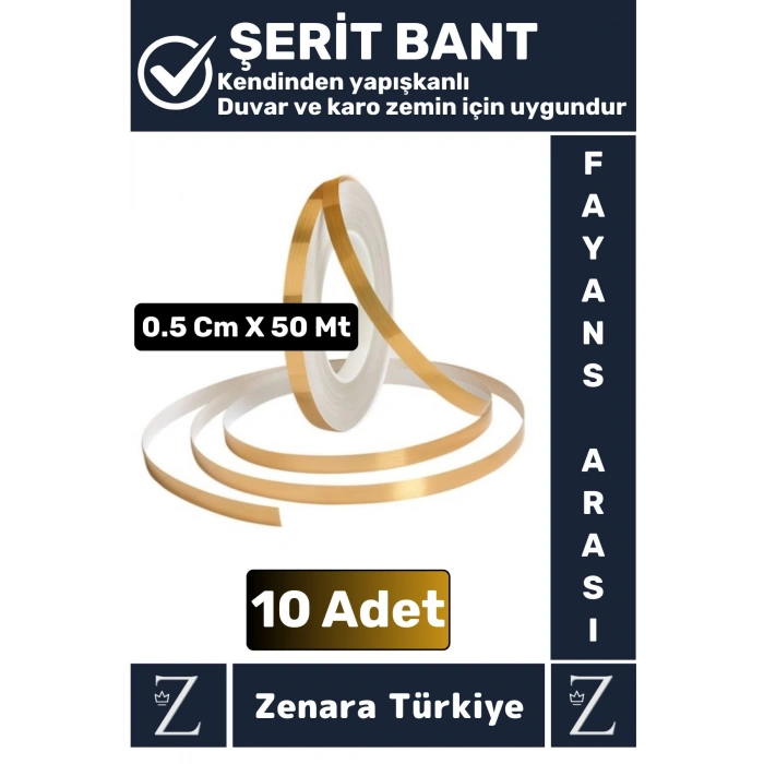 Premium Kendinden Yapışkanlı Su Geçirmez Fayans Arası GOLD Şerit Derz Bant 0.5 Cm X 50 Metre 10 Adet