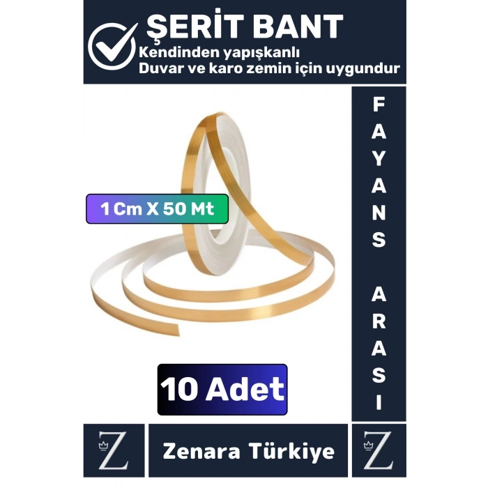 Premium Kendinden Yapışkanlı Su Geçirmez Fayans Arası GOLD Şerit Derz Bant 1 Cm X 50 Metre 10 Adet