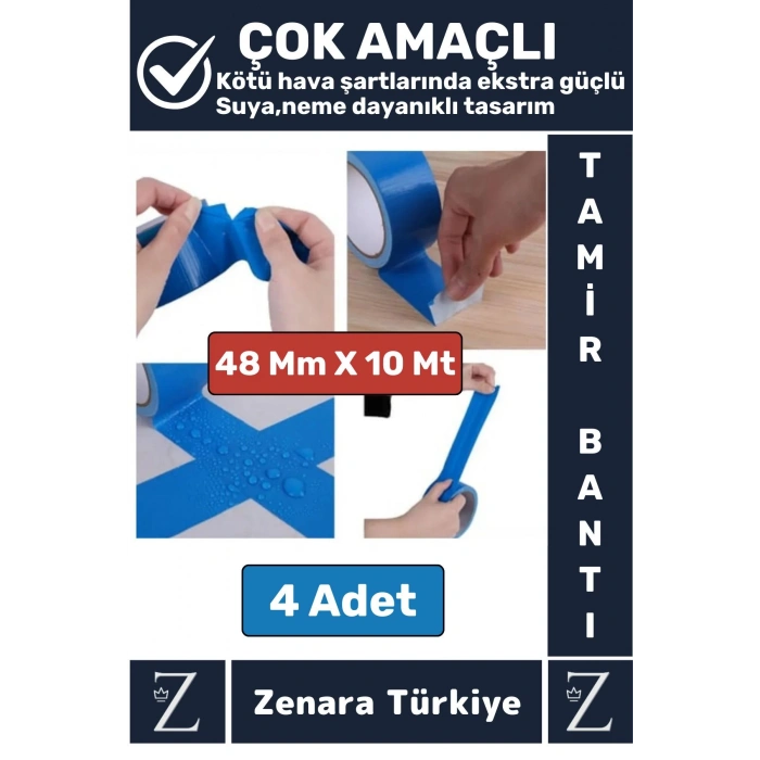 Ultra Güçlü Suya Neme Dayanıklı Çok Amaçlı Onarım Tamir İzolasyon Bantı Mavi 48 Mmx10 Mt 4 Adet