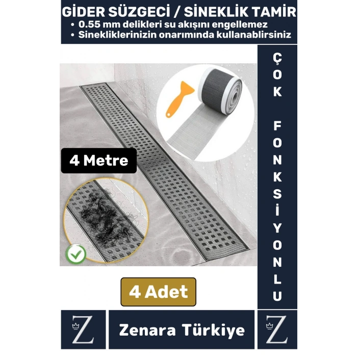 Suya Dayanıklı 0.55 Mm Delikli Sineklik Tamir Kiti Gider Süzgeci Saç Kıl Ayırıcı 12 CmX4 Metre 4Adet