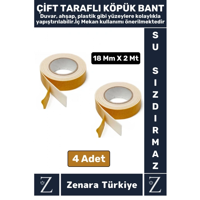 Uzun Ömürlü Ultra Güçlü Kolay Uygulanır İz Bırakmaz Çift Taraflı Köpük Bant 18 Mm X 2 Metre 4 Adet