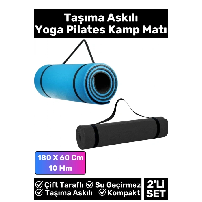 Özel Çift Taraflı Kaymaz Silinebilir Yoga Meditasyon Fitness Kamp Minderi 10 Mm Askılı Mat 2li Set