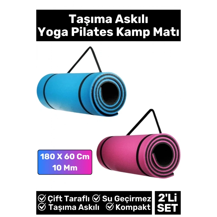 Özel Çift Taraflı Kaymaz Silinebilir Yoga Meditasyon Fitness Kamp Minderi 10 Mm Askılı Mat 2li Set