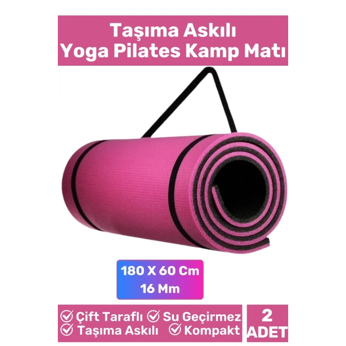 Özel Çift Taraflı Kaymaz Silinebilir Yoga Meditasyon Fitness Kamp Minderi 16 Mm Askılı Mat 2li Set