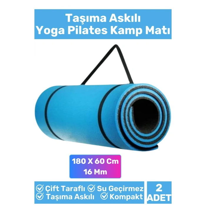 Özel Çift Taraflı Kaymaz Silinebilir Yoga Meditasyon Fitness Kamp Minderi 16 Mm Askılı Mat 2li Set