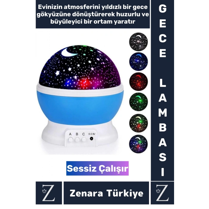 Premium Gece Lambası Tavana Işık Yansıtan Dönen Yıldız Ay Çocuk Genç Odası Lamba Işık Küresi