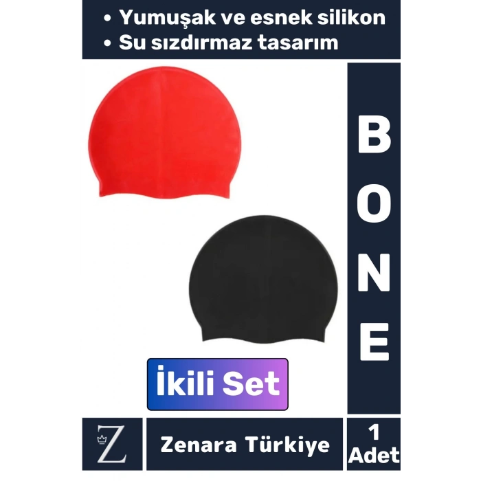 Premium Su Geçirmez Elastik Yumuşak Yüzücü Havuz Deniz Yüzme Şapkası Esnek Silikon Bone 2Li SET