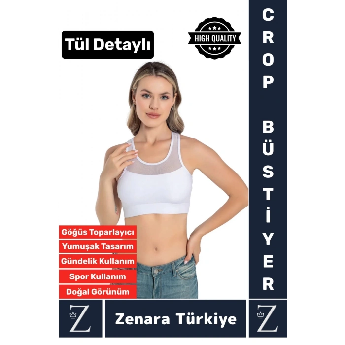 Yüksek Kalite Göğüs Toparlayıcı Sarkma Önleyen Spor Gündelik Kullanım Tül Detaylı Şık Crop Büstiyer