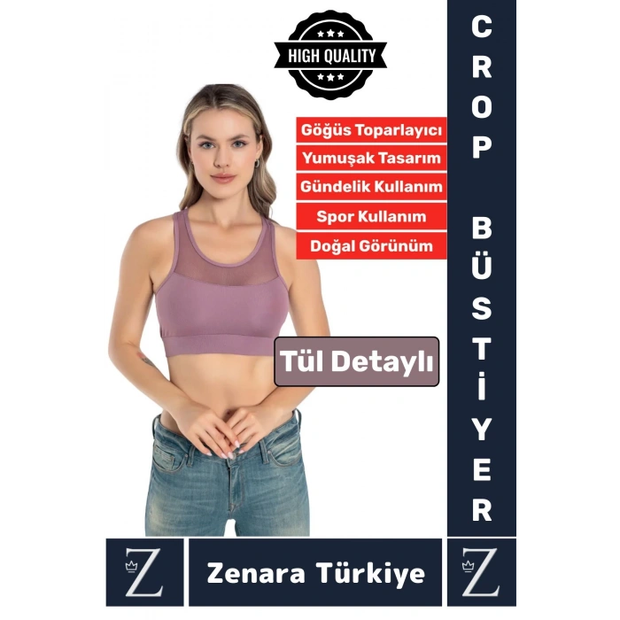 Yüksek Kalite Göğüs Toparlayıcı Sarkma Önleyen Spor Gündelik Kullanım Tül Detaylı Şık Crop Büstiyer