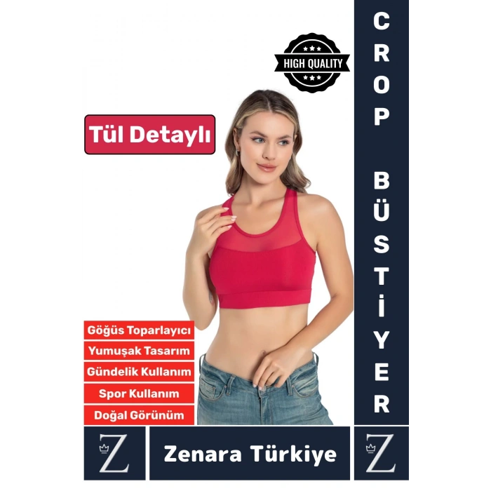 Yüksek Kalite Göğüs Toparlayıcı Sarkma Önleyen Spor Gündelik Kullanım Tül Detaylı Şık Crop Büstiyer