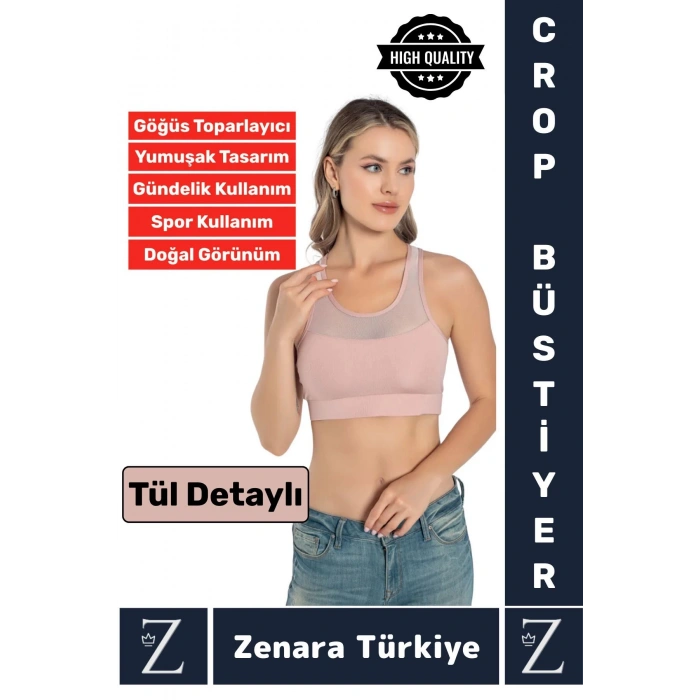 Yüksek Kalite Göğüs Toparlayıcı Sarkma Önleyen Spor Gündelik Kullanım Tül Detaylı Şık Crop Büstiyer