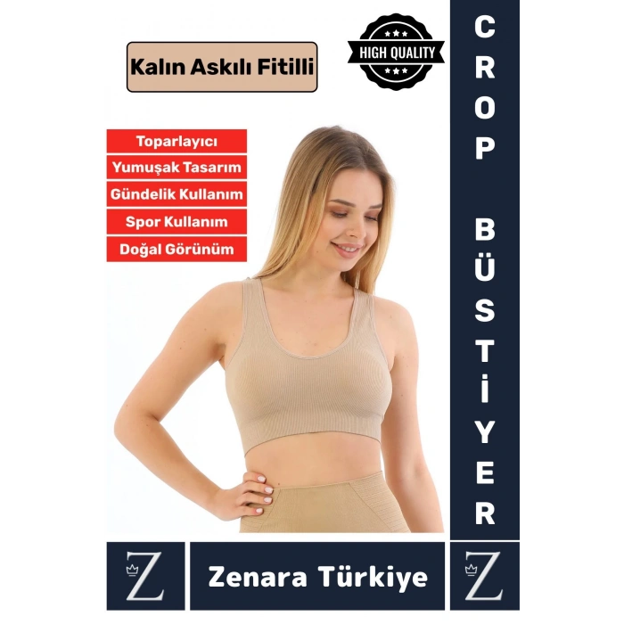 Özel Model Göğüs Toparlayan Sarkma Önleyen Gündelik Spor Kullanım Kalın Askılı Fitilli Crop Büstiyer