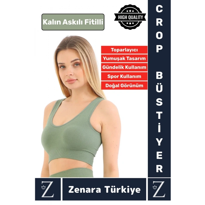 Özel Model Göğüs Toparlayan Sarkma Önleyen Gündelik Spor Kullanım Kalın Askılı Fitilli Crop Büstiyer