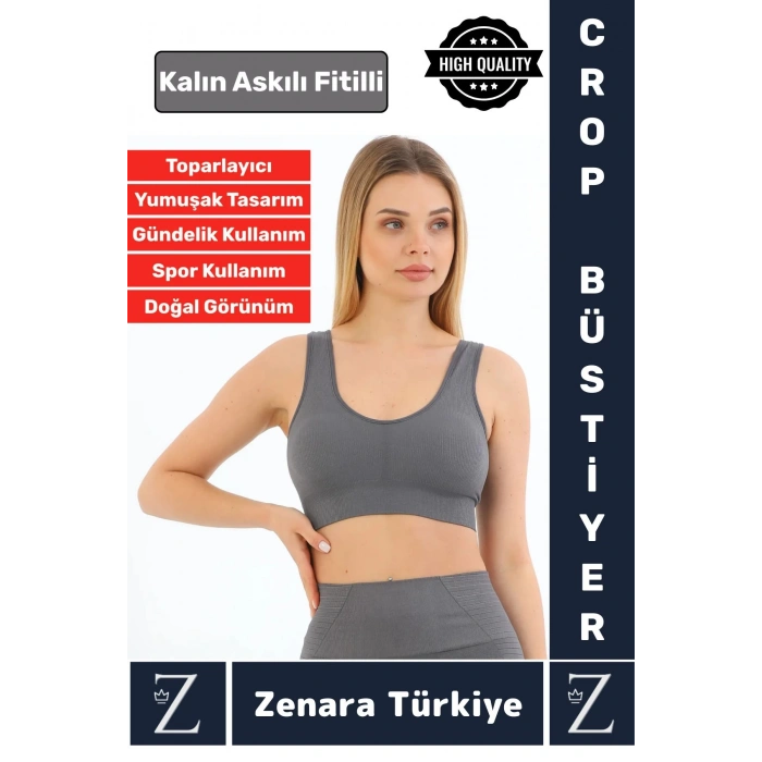 Özel Model Göğüs Toparlayan Sarkma Önleyen Gündelik Spor Kullanım Kalın Askılı Fitilli Crop Büstiyer
