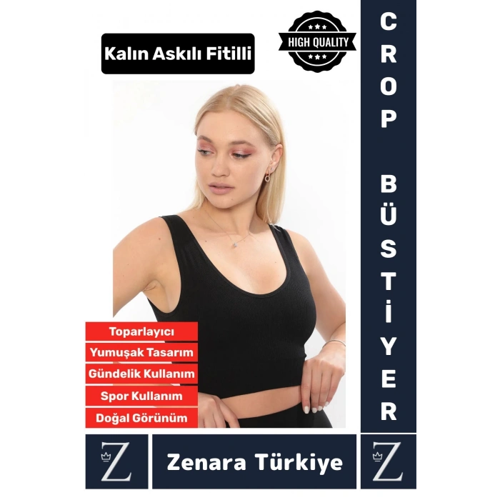 Özel Model Göğüs Toparlayan Sarkma Önleyen Gündelik Spor Kullanım Kalın Askılı Fitilli Crop Büstiyer