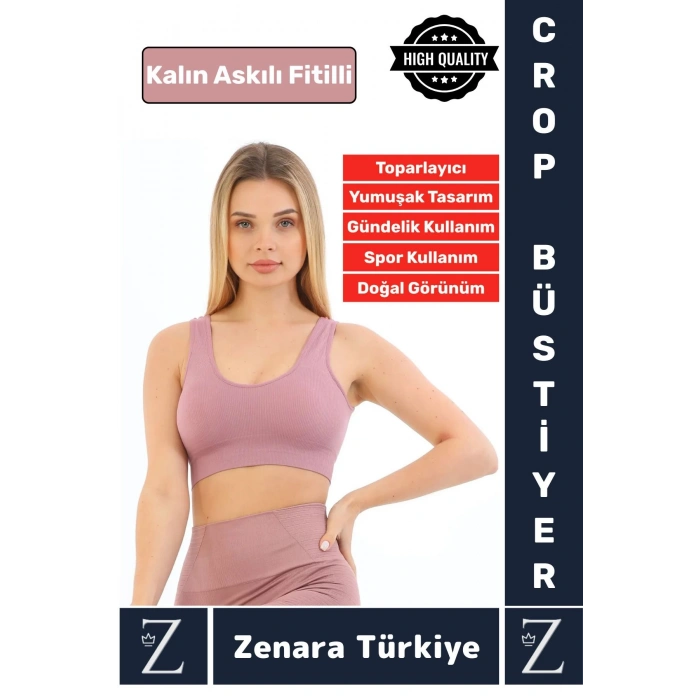 Özel Model Göğüs Toparlayan Sarkma Önleyen Gündelik Spor Kullanım Kalın Askılı Fitilli Crop Büstiyer