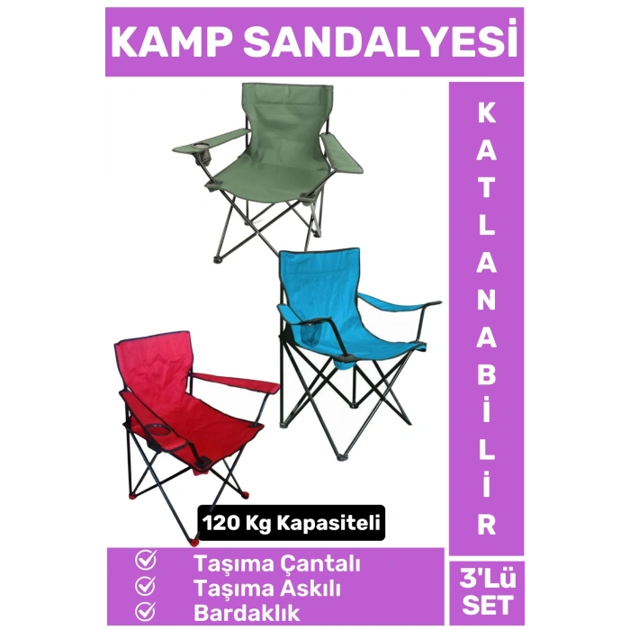 Premium 120 Kg Dayanıklı Çantalı Taşıma Askılı Bardaklık Balık Piknik Sahil Kamp Sandalyesi 3lü SET