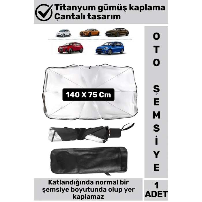 Premium Titanyum Gümüş Kaplama Uzun Ömürlü UV Koruyucu Araç İçi Ön Cam Şemsiye Güneşlik