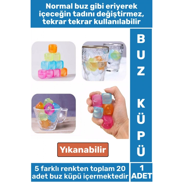 Yıkanabilir Tekrar Kullanılabilir Buzluk Banyo Havuz Kokteyl Serinlik Pratik Renkli Buz Küpü 20Adet