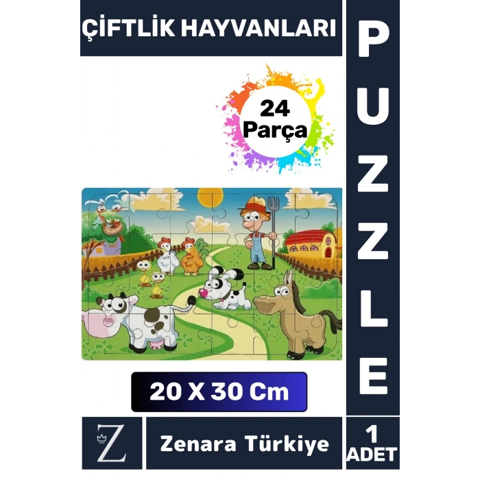 Eğlenceli Eğitici Görsel Algı Problem Çözme Becerisi Çocuk Büyük PUZZLE 24 Parça ÇİFTLİK HAYVANLARI