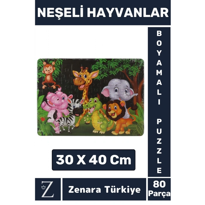 Eğlenceli Eğitici Görsel Algı Motor Becerisi Geliştiren Çocuk Boyamalı PUZZLE 80 Pr NEŞELİ HAYVANLAR