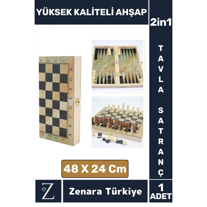 Premium Yüksek Kaliteli Ahşap Arkadaş Oyun Hediyelik Ahşap Tavla Satranç 2 in 1 Oyun Seti 48 X 24 Cm
