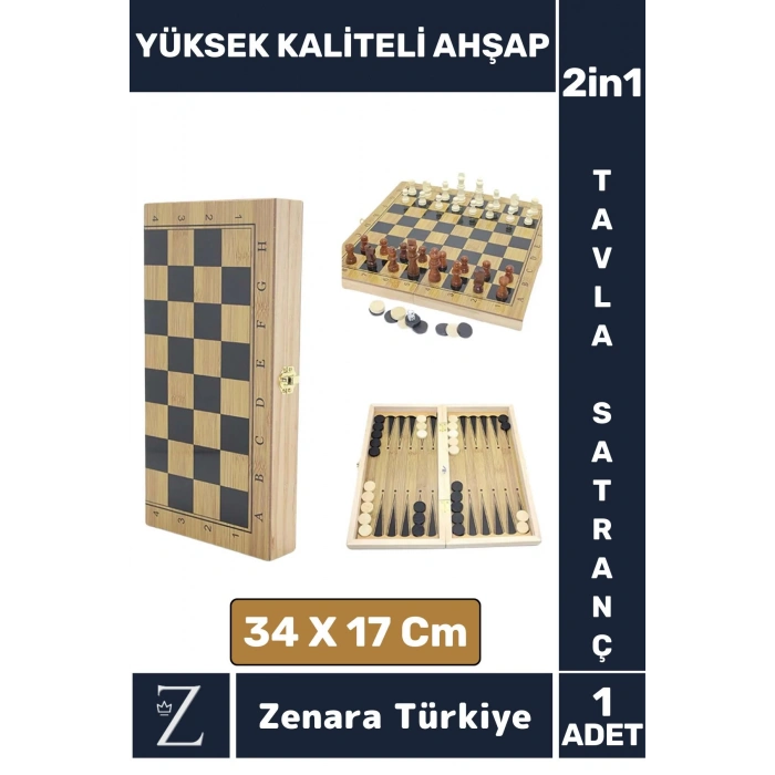 Premium Dayanıklı Ahşap Arkadaş Oyun Hediyelik Ahşap Tavla Satranç 2 in 1 Oyun Seti 34 X 17 Cm