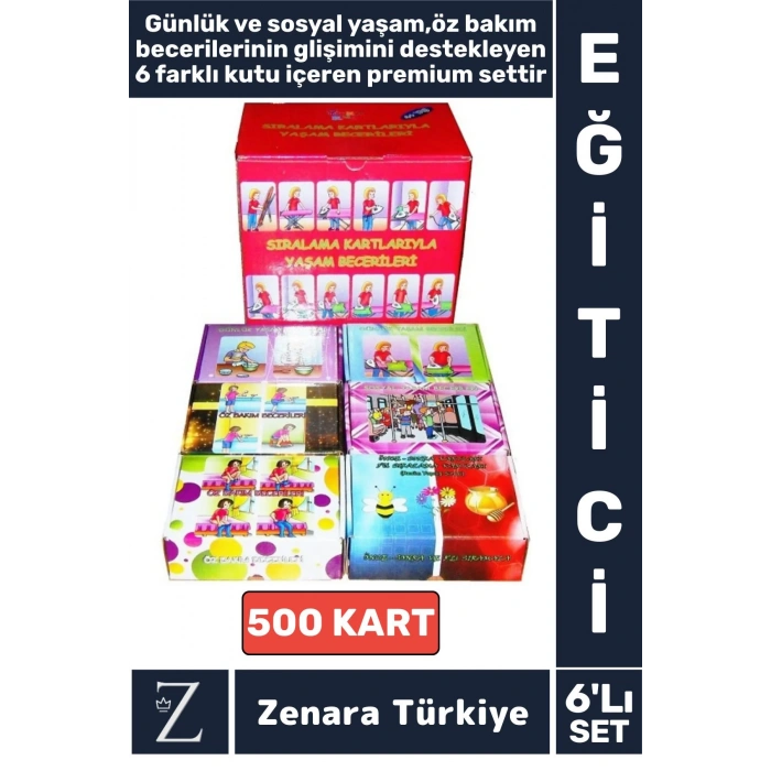Eğitici Sosyal Günlük Yaşam Öz Bakım Geliştirici 500 Sıralama Kartı YAŞAM BECERİLER 6LI PREMİUM SET