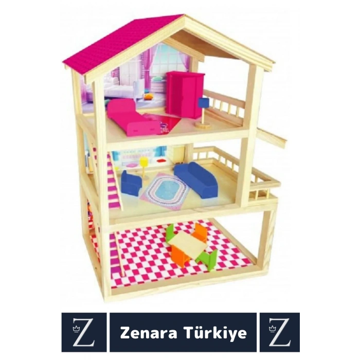 Premium Çocuk Hayal Dünyası Beceri Geliştirici El Yapımı Ahşap Eğlenceli Büyük 3 KATLI OYUN EVİ