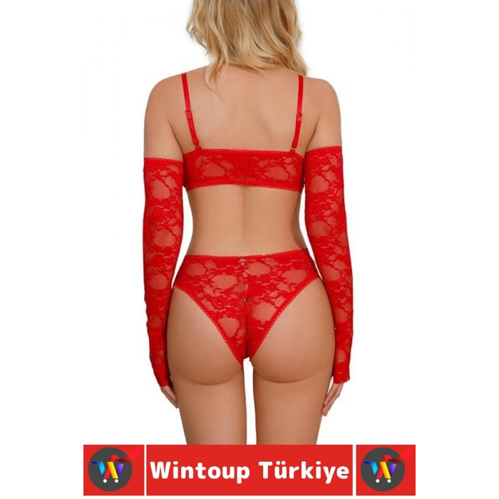 Özel Gün Gece Seksi Sevgili Fantezi Çok Şık İnce Tül Dantel Eldivenli Transparan Sütyen Külot Takımı