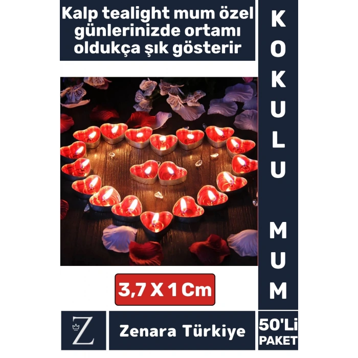 Dekoratif Ambians Sevgililer Günü Yıldönümü Gece Özel Gün Süslemesi 50 Adet KIRMIZI KALPLİ MUM
