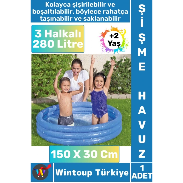 Kompakt Dayanıklı Güvenli Eğlenceli Ev Bahçe Teras 280 Litre +2 Yaş 3 Halkalı ŞİŞME ÇOCUK HAVUZU