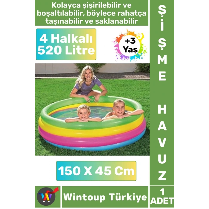 Kompakt Güvenli Eğlenceli Ev Bahçe Teras 520 Litre +3 Yaş 4 Halkalı Renkli ŞİŞME ÇOCUK HAVUZU