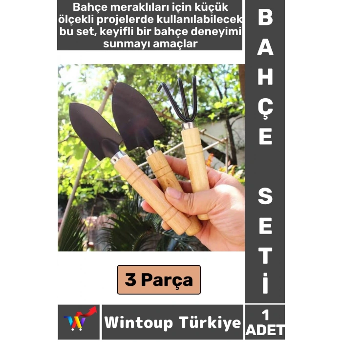 Kompakt Bahçe Hobi Piknik Kamp Toprak Düzenleme Kürek İnce Kürek Tırmık 3 Prça MİNİ AHŞAP BAHÇE SETİ