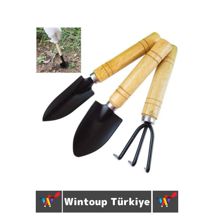Kompakt Bahçe Hobi Piknik Kamp Toprak Düzenleme Kürek İnce Kürek Tırmık 3 Prça MİNİ AHŞAP BAHÇE SETİ