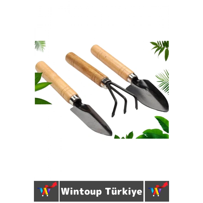 Kompakt Bahçe Hobi Piknik Kamp Toprak Düzenleme Kürek İnce Kürek Tırmık 3 Prça MİNİ AHŞAP BAHÇE SETİ