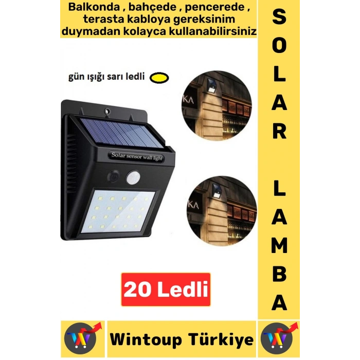 Outdoor Dış Mekan Bahçe Aydınlatma Güneş Enerjili Hareket Sensörlü Gün Işığı 20 Ledli Solar Lamba