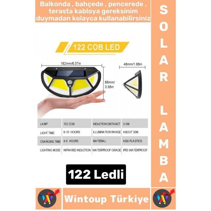 Outdoor Dış Mekan Aydınlatma Güneş Enerjili Fonksiyonel Sensör 3 Modlu 122 Led Solar Bahçe Lambası