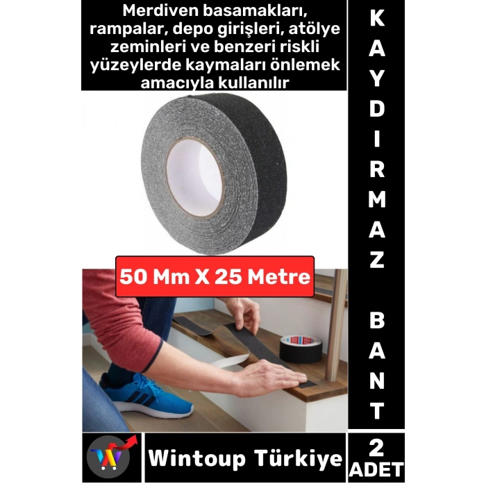 Ultra Güçlü Yapışkan İSG İş Yeri Kaygan Zemin Merdiven Siyah Kaydırmaz Bant 50 Mm X 25 Metre 2 Adet
