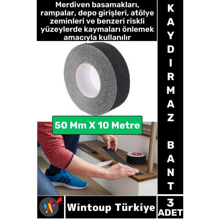Ultra Güçlü Yapışkan İSG İş Yeri Kaygan Zemin Merdiven Siyah Kaydırmaz Bant 50 Mm X 10 Metre 3 Adet