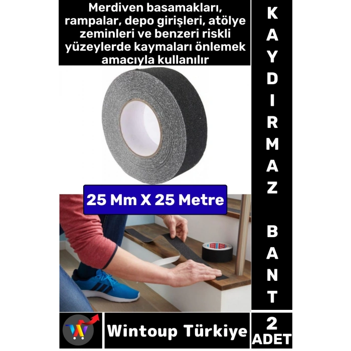 Ultra Güçlü Yapışkan İSG İş Yeri Kaygan Zemin Merdiven Siyah Kaydırmaz Bant 25 Mm X 25 Metre 2 Adet