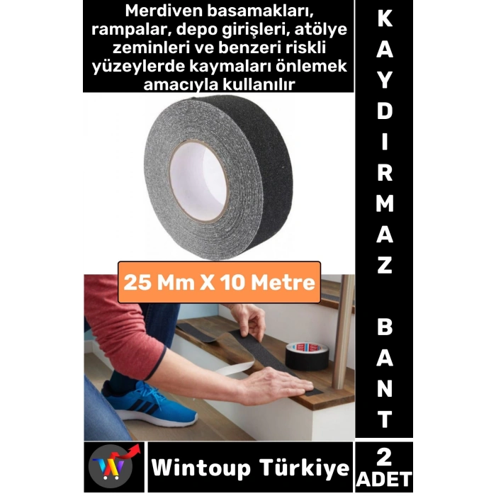 Ultra Güçlü Yapışkan İSG İş Yeri Kaygan Zemin Merdiven Siyah Kaydırmaz Bant 25 Mm X 10 Metre 2 Adet